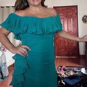 Anthropologie HUTCH off the shoulder ruffle column dress in teal sz 8